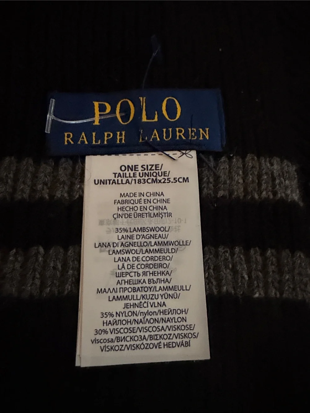 Polo Ralph Lauren Lambswool Blend Scarf Black Gray Stripe Red Pony 70